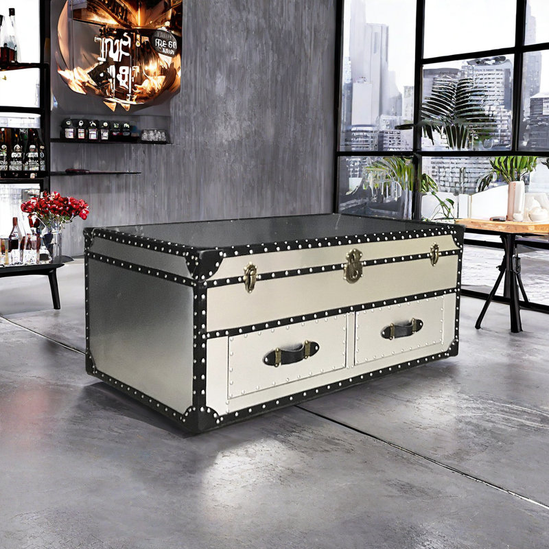 Table basse industrielle avec cadre en bois, H 18,11 po x L 47,24 po x l 27,55 po