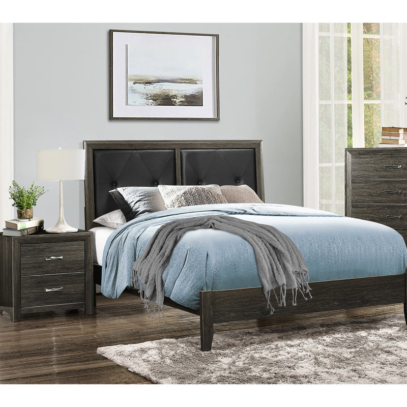 Élégant lit pour grand lit gris foncé avec tête de lit en similicuir doux et base en bois robuste pour une retraite, Brun