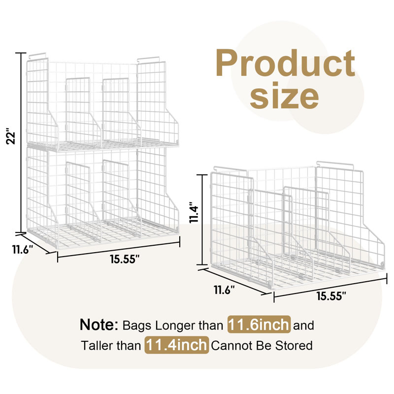 Purse Storage Organizer For Closet : Adjustable 2-Pack Dividers Handbag Organizer - Stackable Wire Handbags Storage Baskets -Open Cabinets Wallets Tote Chain Bags Clutches -White