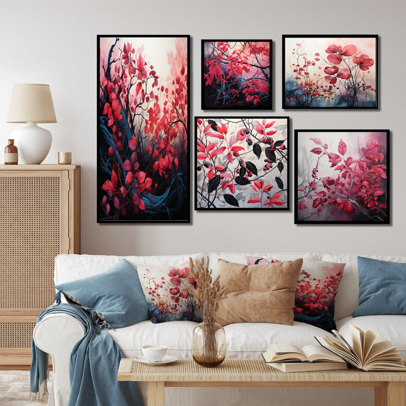 Feuilles botaniques rouges et noires minimalistes - feuilles, ensemble de 5 impressions sur toile, Cadre flottant noir