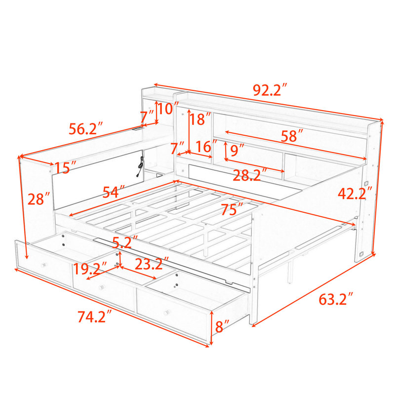 Wooden Daybed with 3 Drawers and Shelves and Built-in-Desk, Grey, Full/Double