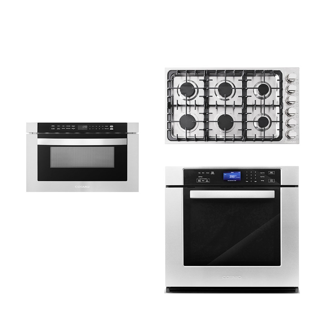 Cosmo 3 Piece Kitchen Appliance Package with 36'' Gas Cooktop , Wall Oven , and Microwave Drawer Cosmo