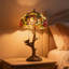 Lampe de table en verre antique bronze floral avec base de branche d'oiseau et deux chaînes de traction