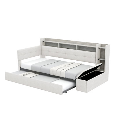 Twin Size Upholstery Daybed with Storage Footstool and Shelves,with Trundle,USB Charging and LED Light,Beige