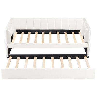 Beige Twin Daybed With Ergonomic And Stackable Foldable Storage Trundle In Flexible