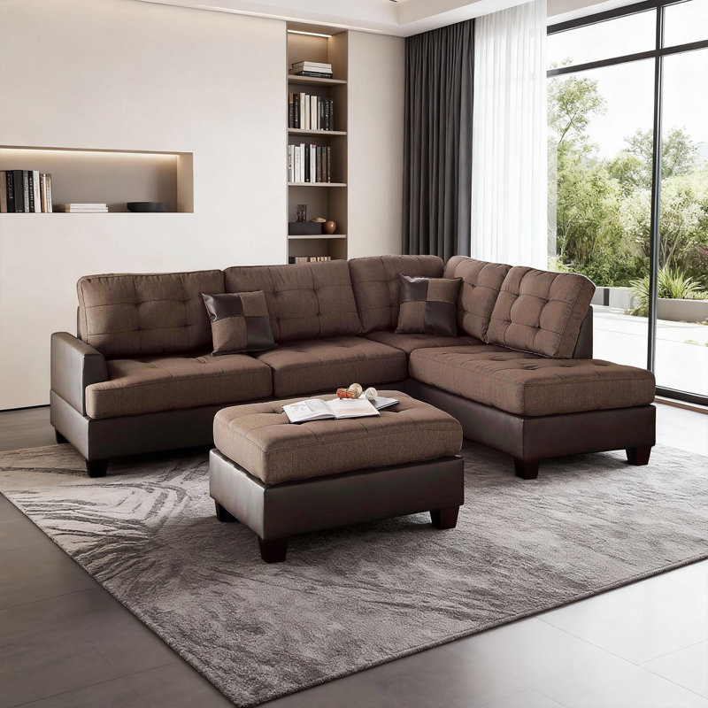 Canapé modulaire réversible 3 pièces avec repose-pieds et coussins décoratifs, Chocolat