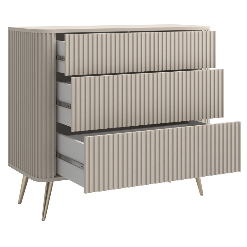 Chest of Drawers with Fluted Fronts and Three Drawers, Beige/Gold