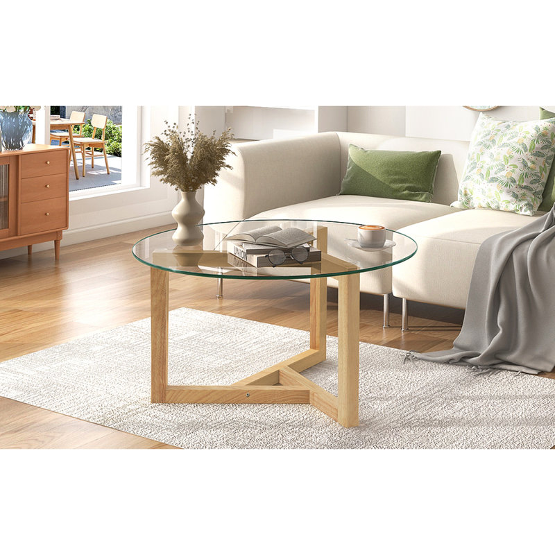 Table basse moderne en verre tendance à assembler avec plateau en verre trempé et base en bois robuste, naturel, Naturel