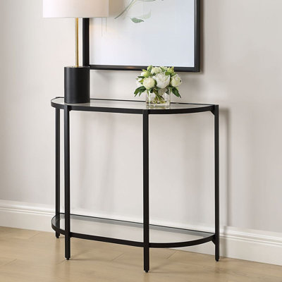  Demilune Iron Console Table – Tempered Glass Top and Bottom Shelves Satin Black Finish, Perfect Entryway Accent Table 36"W