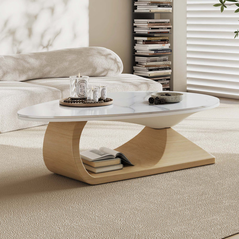 Albanese 47.2" Modern White Oval Coffee Table, Living Room Table Center Table with Faux Marble Top, Natural
