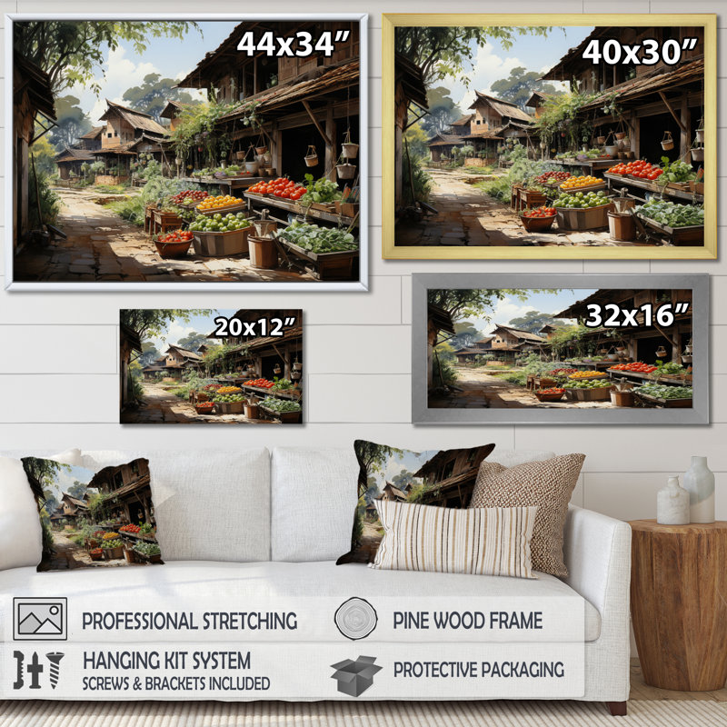 Décoration murale du village thaïlandais I - Thaïlande, Encadrement doré, H 12 po x l 20 po x P 1 po