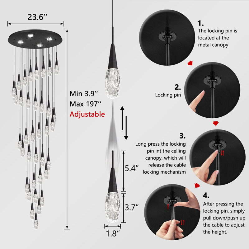 36-lights Modern Chandelier Dimmable, 197" H X 23.6" W X 23.6" D, Satin Black