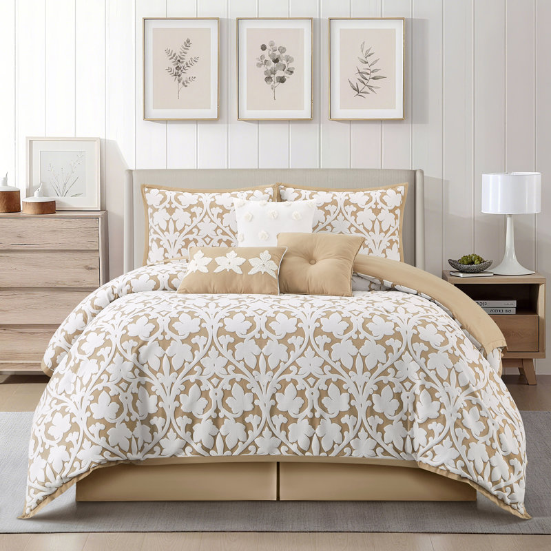 Adoria Luxury Floral Damask 7 Piece Comforter Set, California King Comforter + 6 Additional Pieces, Khaki
