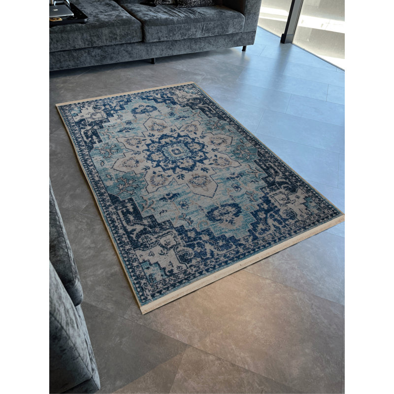 Tapis décoratif rétro à motif bleu à motif traditionnel, Rectangle 3 pi 4 po x 5 pi