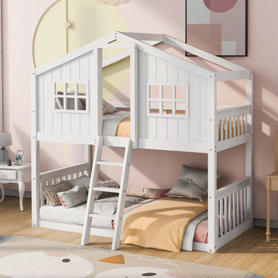 White House-shaped Loft Bed  Playful Design, Sturdy Wood Construction, Space-saving, Safe Railings, Ideal For Kids’ Imaginative Bedroom Spaces