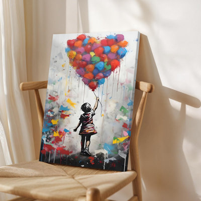Canvas Wall Art,Child with colourful balloons, vibrant abstract painting style. Wall Decor, Framed Artwork, Ready to Hang, Available in 16x24, 20x30, 24x36 Inch