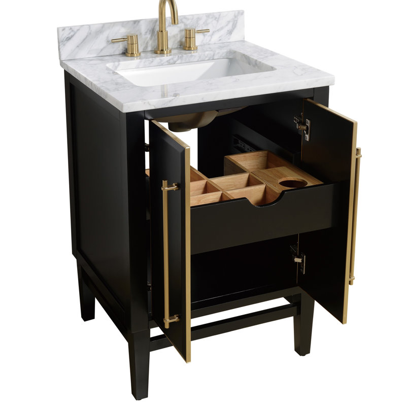 Mason 24" Single Bathroom Vanity with Carrara Marble Top, Carrara White, Black, Matte Gold