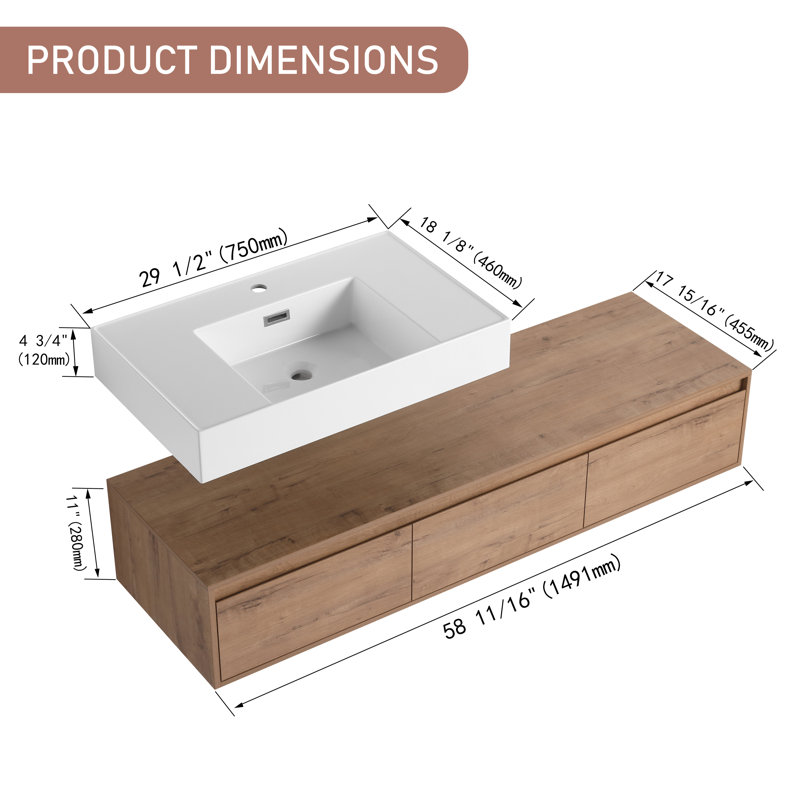 Meuble-lavabo flottant simple 60 po avec plateau en résine 60 po