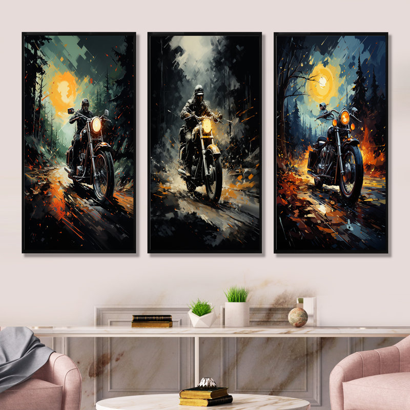«Vintage Durty Bike Memory On The Road», ensemble d'art mural sur toile, Cadre flottant noir, H 40 po x l 60 po