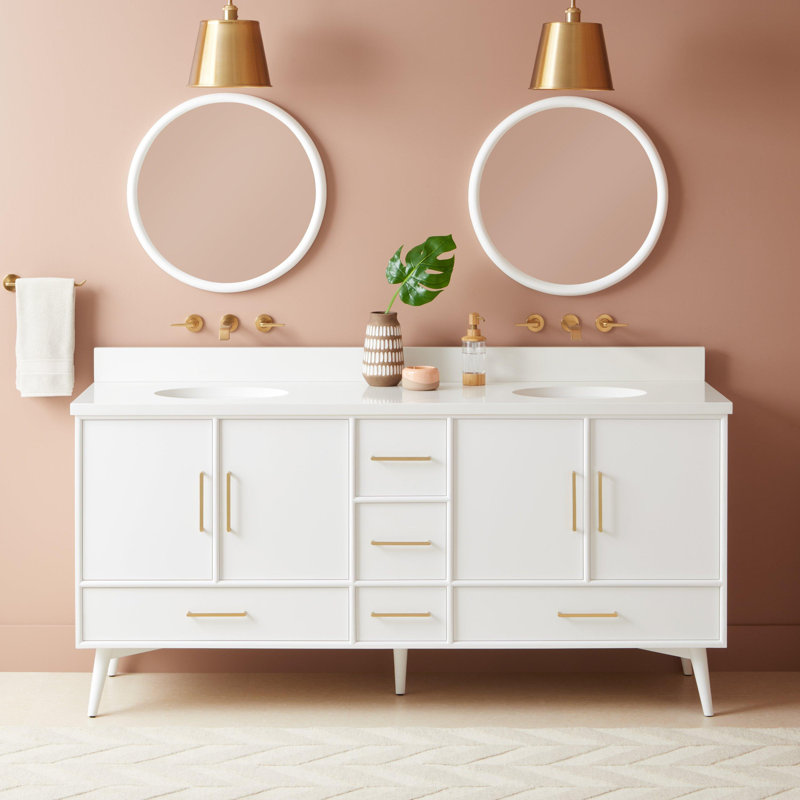 60" White Double Bathroom Vanity with Feathered White Quartz Top