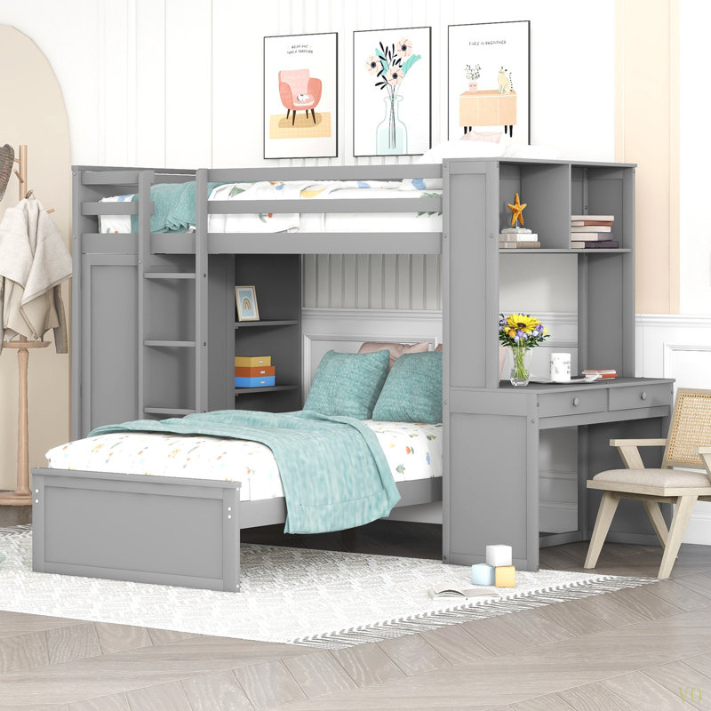 Lit mezzanine simple avec lit autonome, tablettes, bureau et garde-robe, Lit simple, Gris