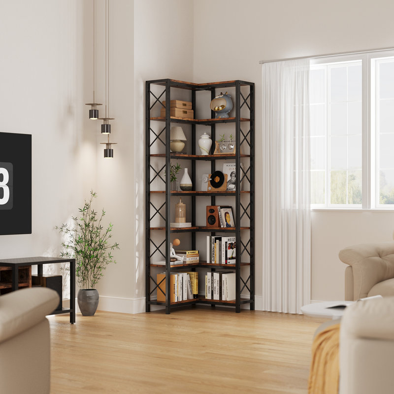 7-Tier Industrial Corner Bookcase, Tall Corner Shelf Storage Display Rack with Metal Frame for Living Room Home Office