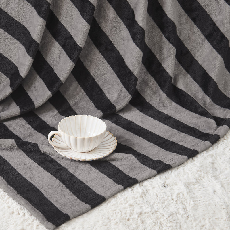 Couverture rayée en flanelle, Noir gris rayé, Jeté