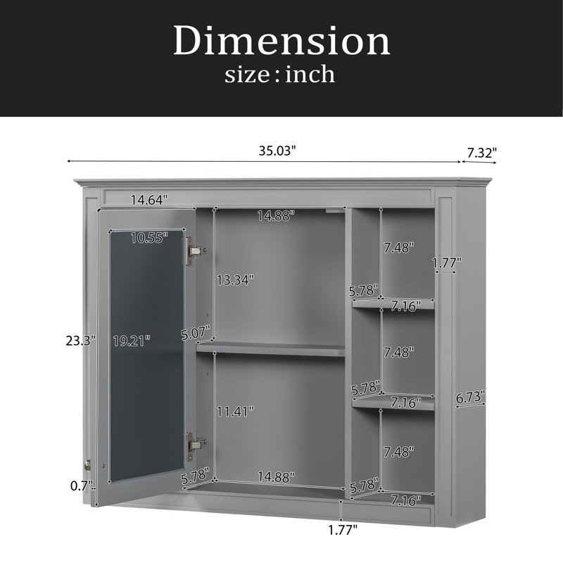 Armoire à pharmacie de 35 po x 27,5 po, armoire de rangement murale pour salle de bain, armoire de salle de bain moderne avec miroir, armoire à miroir avec 6 tablettes ouvertes