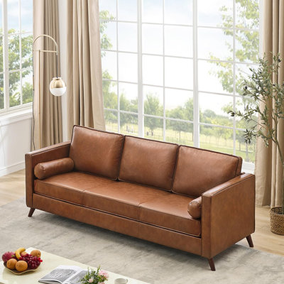 81" Faux Leather Sofa, Mid Century Modern Deep Seat Couch, Upholstered Cushion&Removable Cover, Brown PU Couch, 3 Seat Sofa for Living Room, Office, Brown