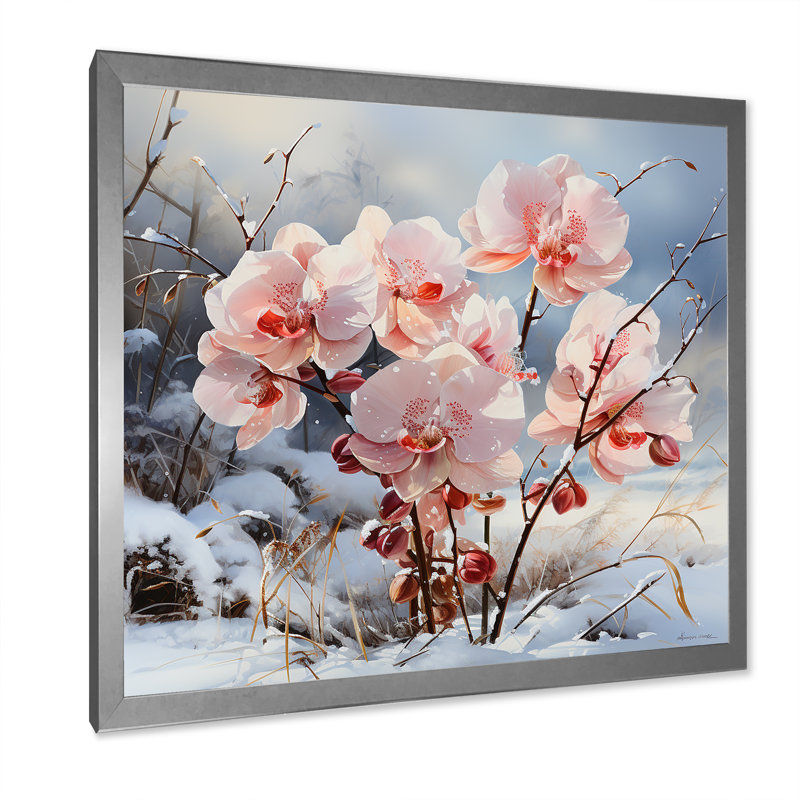 Charme d'orchidées roses en hiver, H 36 po x l 36 po x P 1,5 po, Cadre simple argenté