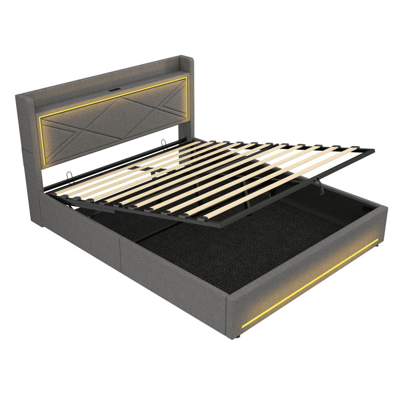 Upholstered Bed With Storage, Led And Usb Linen Grey