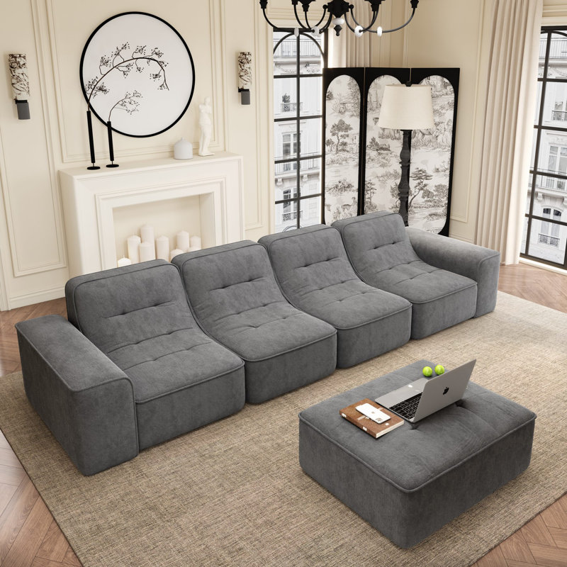 Canapé modulaire en chenille 5 pièces Boneless Evadne, Gris chenille
