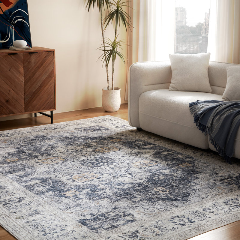 Tapis d'intérieur lavable bleu à médaillon rétro, Rectangle de 5 pi x 8 pi, Sarcelle