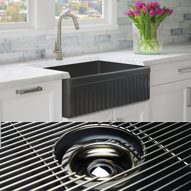 Luxury Solid Fireclay Farmhouse Sink, Polished Nickel