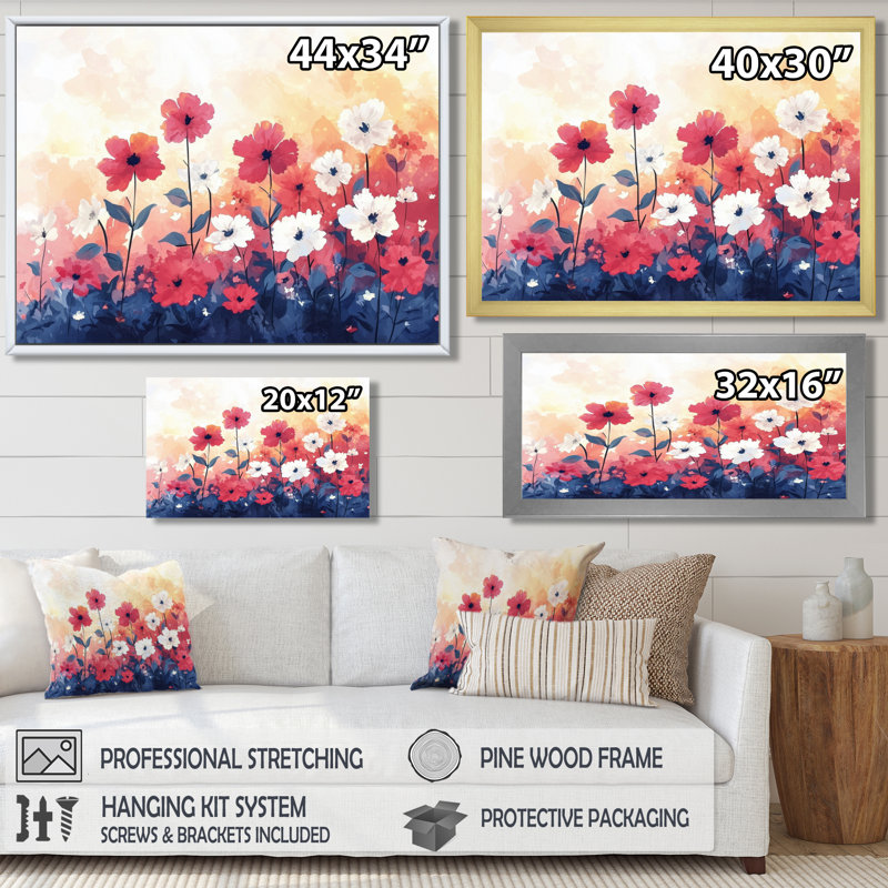 Jaciya Pastal Sunset Hues Seasonal Flowers - Fleurs saisonnières, art mural, H 30 po x l 40 po, Impression encadrée flottante