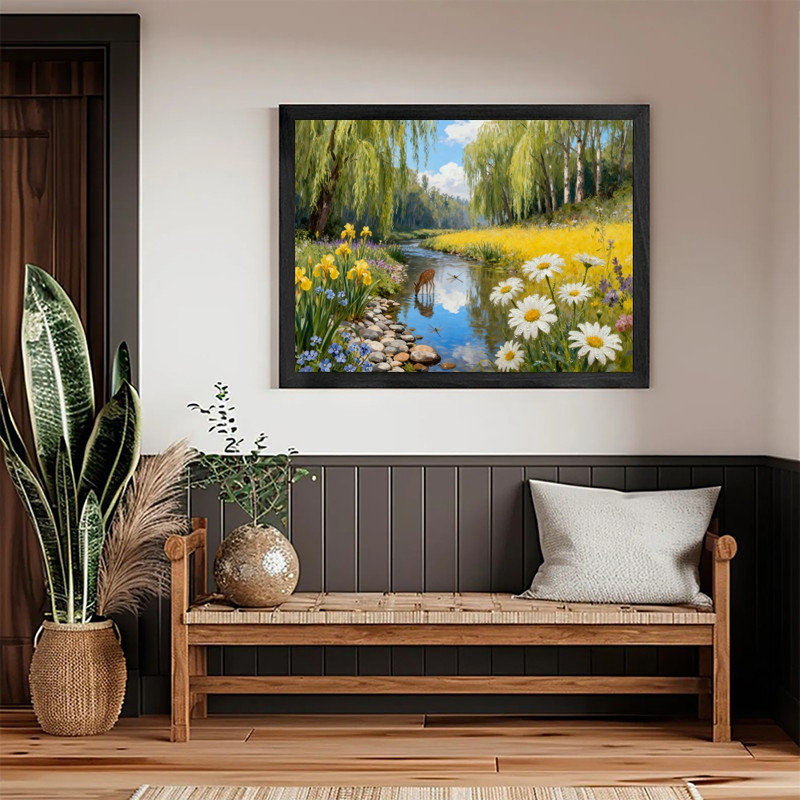 Cerf noir et art floral, impression de paysage impressionniste, H 9 po x l 11 po