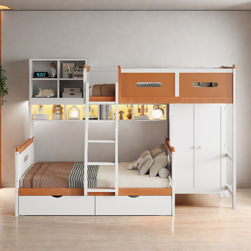 Twin Over Full Storage Bunk Bed With Drawers, Bookcase And Armoire