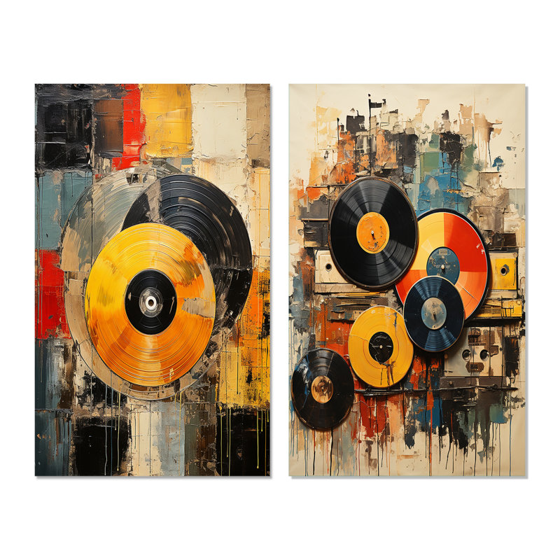 «Colorful Retro Vinyle», 2 pièces, H 32 po x l 32 po, Toile tendue