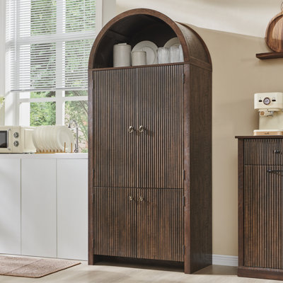 71" High Arched Kitchen Pantry, Modern Wooden Storage Cabinets with Door Slots, Equipped with Open Arched Shelves