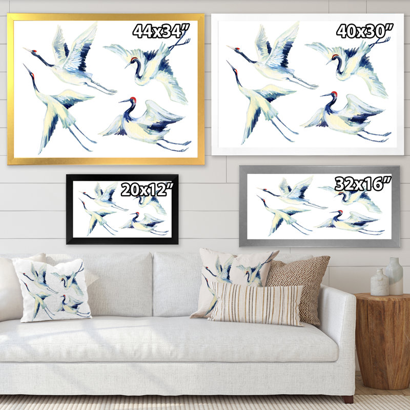 Asian Crane Bird Impression - Peinture sur toile encadrée, H 30 po x l 40 po x 1,5 po, Encadrement argenté