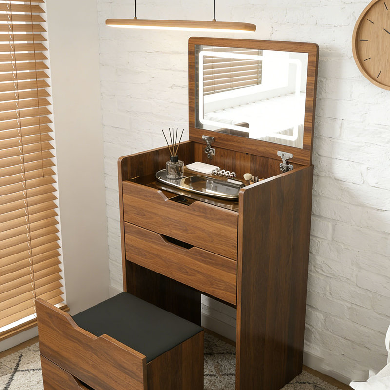 Bureau de coiffeuse 3-en-1 avec miroir lumineux et tabouret, Noyer - L 18,9 po