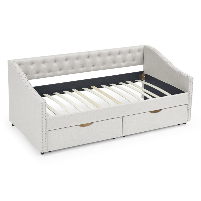Modern Daybed With Drawers Upholstered Tufted Sofa Bed, With Button On Back And Copper Nail On Waved Shape Arms, Beige, Twin
