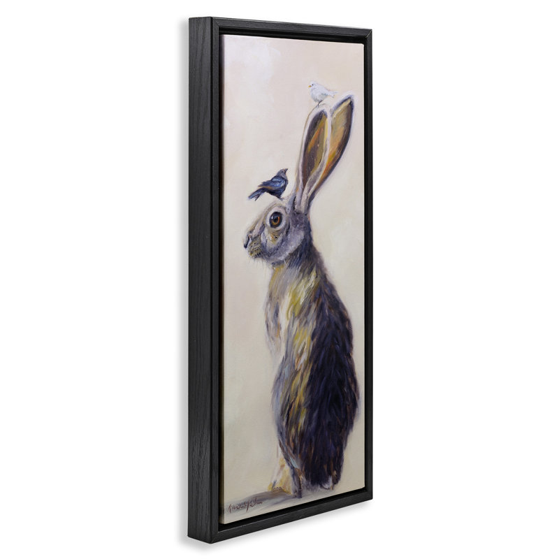 "Minimal Rabbit & Perched Birds", encadré noir sur toile flottante par Karen Weber, Cadre flottant noir de jais