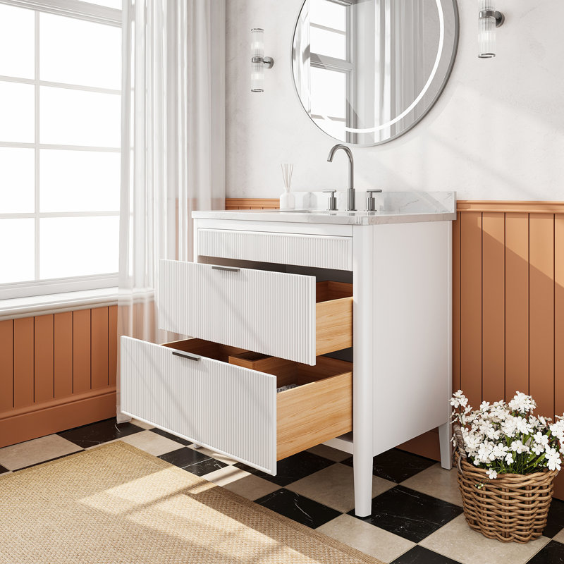 Ensemble de meuble-lavabo autoportant blanc entièrement assemblé de 36 po avec 2 poignées et plateau en marbre