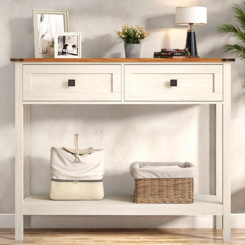 Console à 2 tiroirs pour canapé d'entrée rustique, H 30 po x l 42 po x P 12 po, Antique White