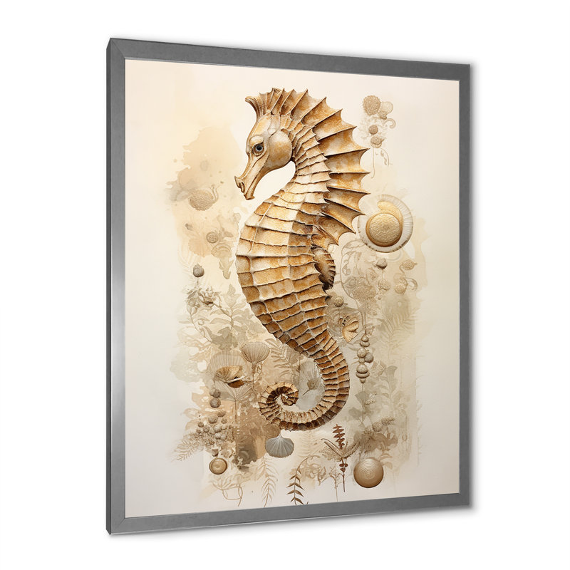 Hippocampe magique beige III sur toile, Cadre simple argenté, H 40 po x l 30 po x P 1,5 po