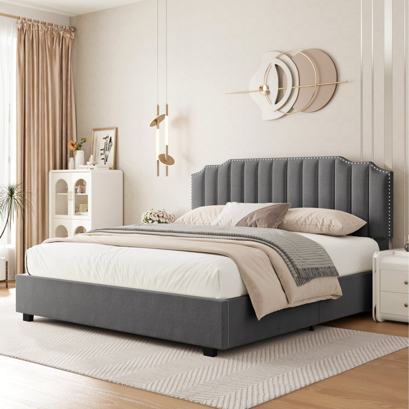Lit plateforme en velours Life Up pour chambre à coucher, Double, Gris