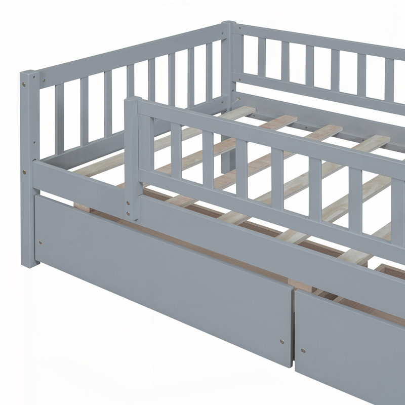 Lit en bois avec 2 tiroirs, gris, Simple