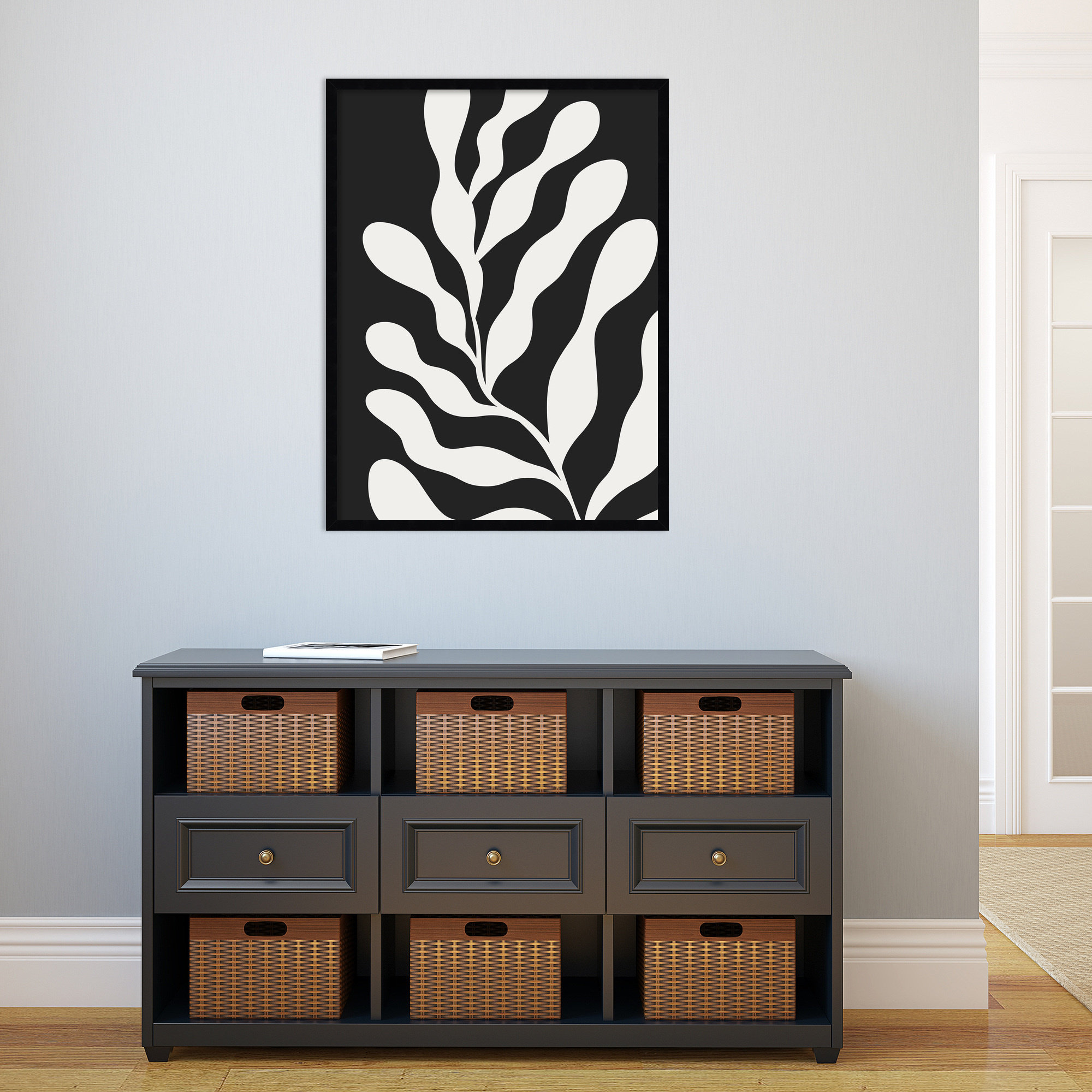 Retro Matisse Inspired Abstract Botanical 3 Black, 33" H x 25" W x 1" D, Black