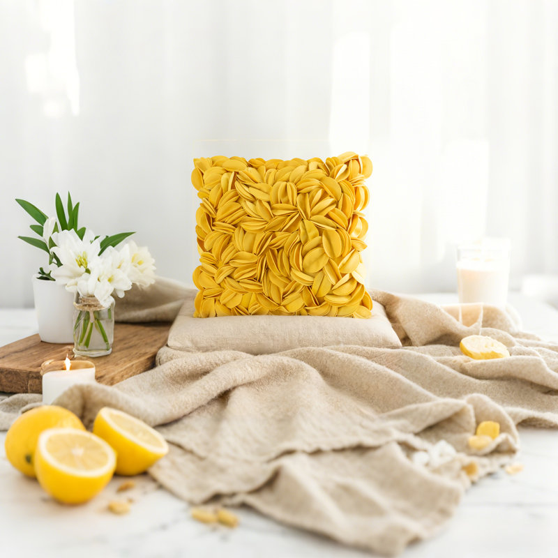 Housse de coussin brodée, Jaune - velours, H 18 po x l 18 po